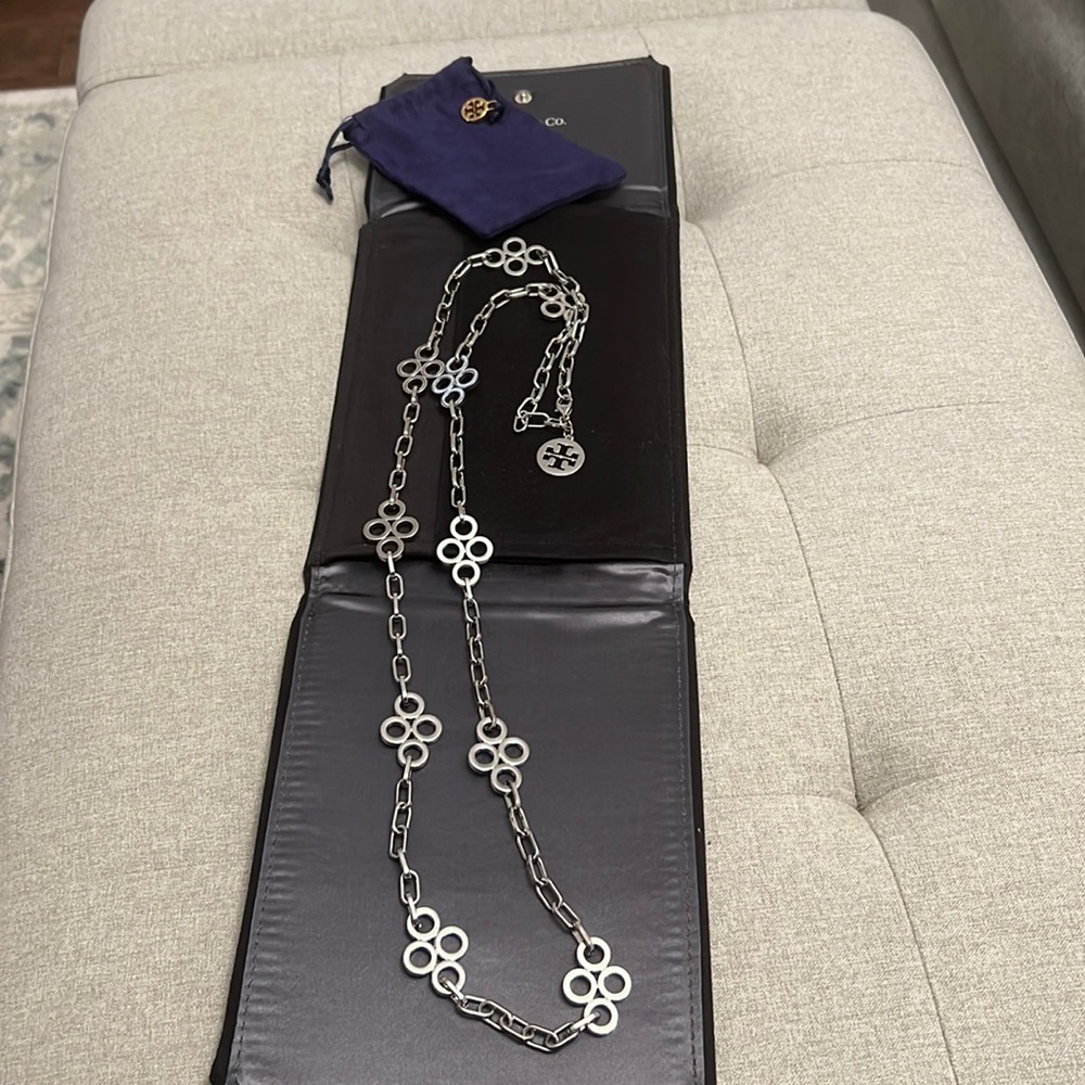 Tory Burch Clover Station Chain Necklace, Silver 41”